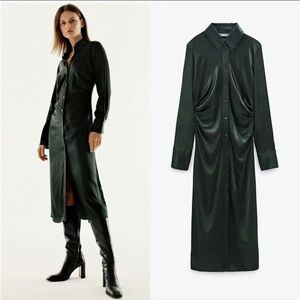 Zara Satin Effect Ruched Button Up Shirt Midi Dress